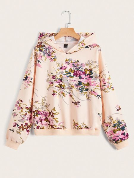 floral print drop shoulder hoodie u5y9#, White;black