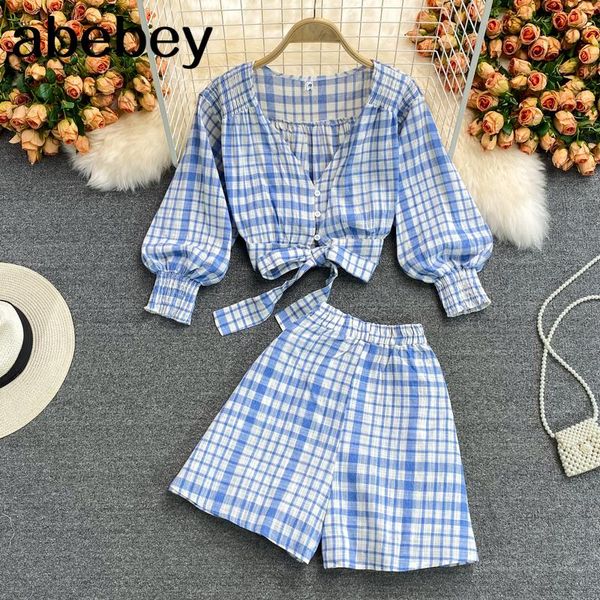women's tracksuits 2021 summer korean v-neck lantern sleeve bandage short plaid shirt + high waist wide leg shorts two piece set, Gray
women's tracksuits 2021 summer korean v-neck lantern sleeve bandage short plaid shirt + high waist wide leg shorts two piece set, Gray