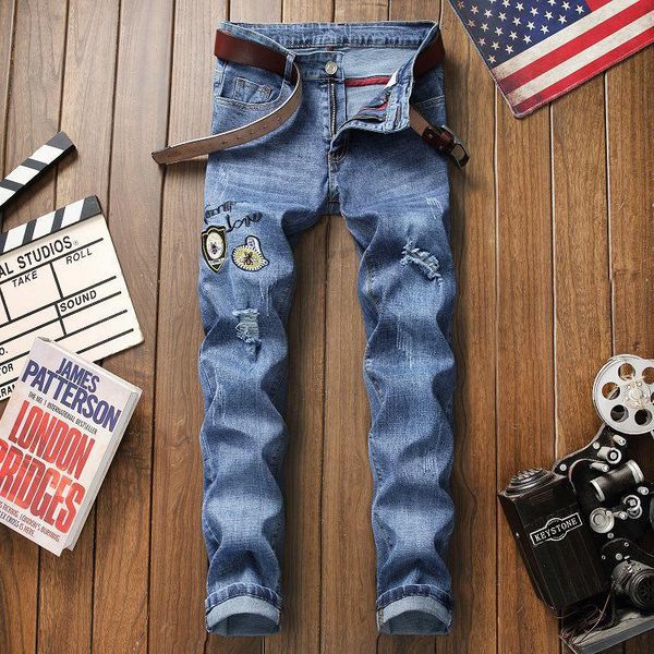 arrivals men's fashion elastic embroidery jeans men ripped trousers biker denim pants, Blue
arrivals men's fashion elastic embroidery jeans men ripped trousers biker denim pants, Blue