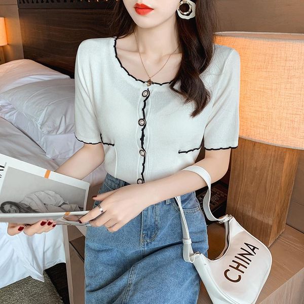women's t-shirt chic ins french thin knitted button up t shirt women clothes 2021 summer woman short sleeve tees solid color casual, White
women's t-shirt chic ins french thin knitted button up t shirt women clothes 2021 summer woman short sleeve tees solid color casual, White