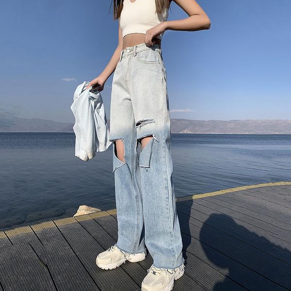 women's jeans 2021 summer gradient color ripped straight loose high waist wide legs edge mopping trousers, Blue
women's jeans 2021 summer gradient color ripped straight loose high waist wide legs edge mopping trousers, Blue