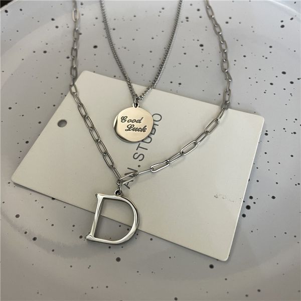 minority design sense letter d simple personality light luxury temperament titanium steel non fading sweater chain double layer overlapping, Silver 
minority design sense letter d simple personality light luxury temperament titanium steel non fading sweater chain double layer overlapping, Silver