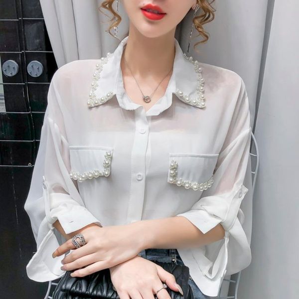 women's blouses & shirts #1964 black white sheer women lapel collar pearls perspective chiffon blouse long sleeved thin loose
women's blouses & shirts #1964 black white sheer women lapel collar pearls perspective chiffon blouse long sleeved thin loose