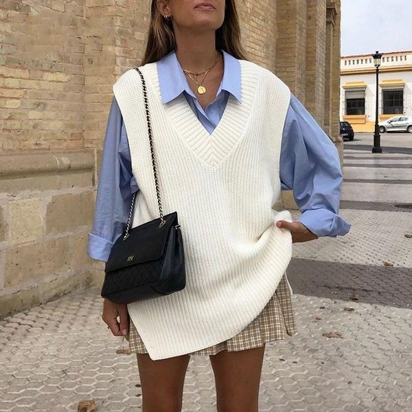 women's vests 2021 v neck fashion women knitted sleeveless korean vest split pullover sweater winter autumn loose waistcoat femme outwe, Black;white
women's vests 2021 v neck fashion women knitted sleeveless korean vest split pullover sweater winter autumn loose waistcoat femme outwe, Black;white