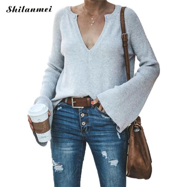 women's sweaters autumn flare sleeve street style solid jumper causal pull femme women sweater 2021 deep v neck knitted pullovers, White;black
women's sweaters autumn flare sleeve street style solid jumper causal pull femme women sweater 2021 deep v neck knitted pullovers, White;black