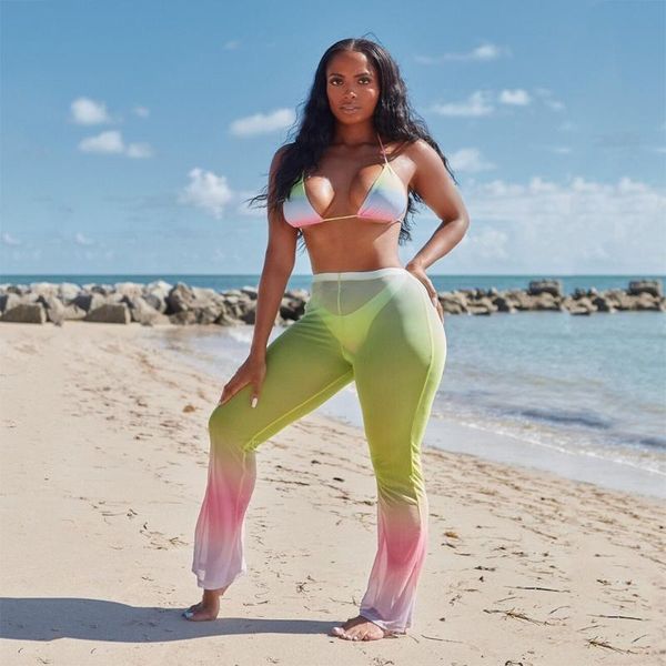 women's swimwear summer gradient mesh bikinis sets women bra halter crop and long flare pants swimsuit 2021 two pieces suit, White;black
women's swimwear summer gradient mesh bikinis sets women bra halter crop and long flare pants swimsuit 2021 two pieces suit, White;black