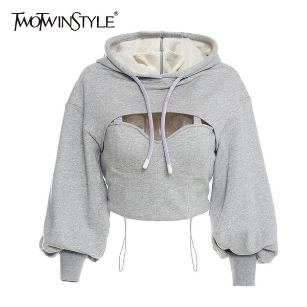 twotwinstyle hollow out gray sweatshirt for women hooded collar long sleeve fake two casual short female fashion fall 210803, Black
twotwinstyle hollow out gray sweatshirt for women hooded collar long sleeve fake two casual short female fashion fall 210803, Black