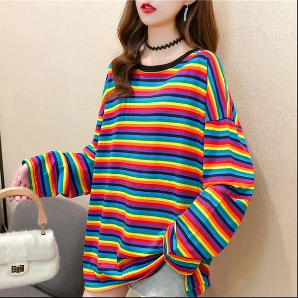fashion rainbow striped oversize women t shirts autumn long sleeve loose casual korean streetwear tees, White
fashion rainbow striped oversize women t shirts autumn long sleeve loose casual korean streetwear tees, White