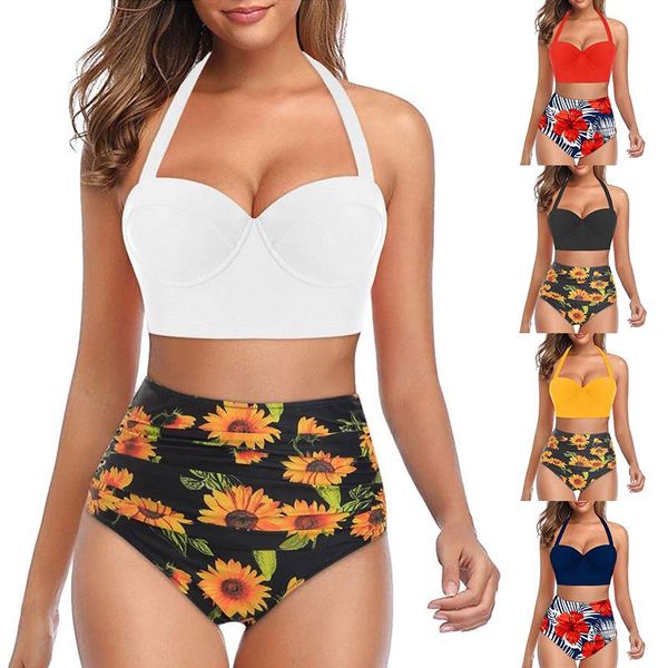swimsuit women's european and american sunflower print bikini split two piece set summer thickening swimwear, White;black
swimsuit women's european and american sunflower print bikini split two piece set summer thickening swimwear, White;black