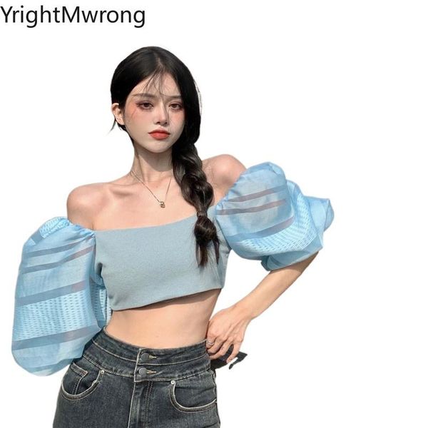 women's t-shirt organza mesh lantern short sleeve bodycon off shoulder crop summer fashion aesthetic cropped shirt blusas tee, White
women's t-shirt organza mesh lantern short sleeve bodycon off shoulder crop summer fashion aesthetic cropped shirt blusas tee, White
