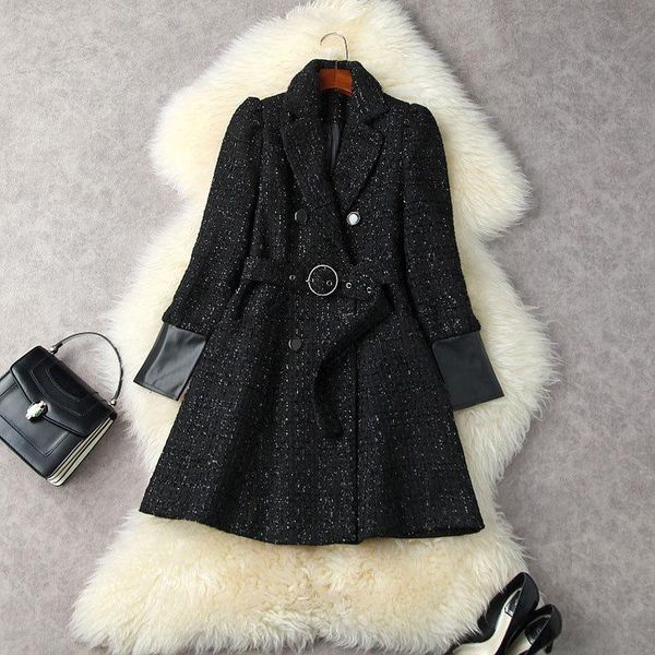 women's wool & blends luxury fashion thick elegant for women pu leather patchwork belt office work lady long coat clothing, Black
women's wool & blends luxury fashion thick elegant for women pu leather patchwork belt office work lady long coat clothing, Black