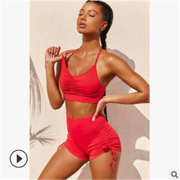 women solid color fitness sport suits sleeveless pleated v-neck nine-point suspender + side drawstring shorts women's tracksuits, Gray
women solid color fitness sport suits sleeveless pleated v-neck nine-point suspender + side drawstring shorts women's tracksuits, Gray