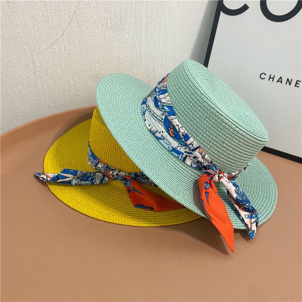 women's summer fresh macarone flat straw color silk scarf bandage seaside sunscreen hat, Yellow
women's summer fresh macarone flat straw color silk scarf bandage seaside sunscreen hat, Yellow