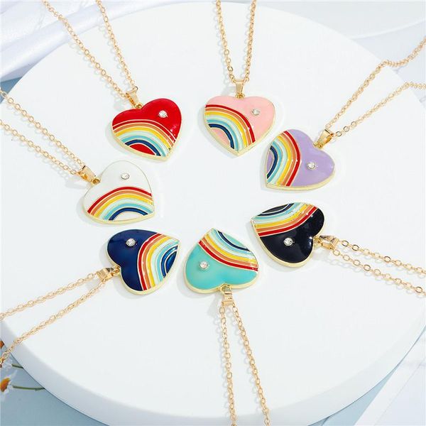 pendant necklaces 1 pcs enamel rainbow heart for women gift trendy colored metal choker sweater clavicle chain wedding jewelry, Silver 
pendant necklaces 1 pcs enamel rainbow heart for women gift trendy colored metal choker sweater clavicle chain wedding jewelry, Silver