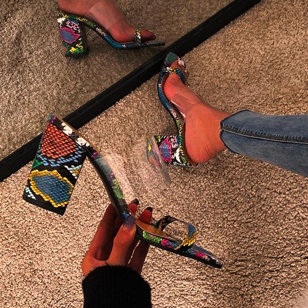 summer female high-heeled slippers fashion snake pattern + transparent upper square root sandals, Black
summer female high-heeled slippers fashion snake pattern + transparent upper square root sandals, Black
