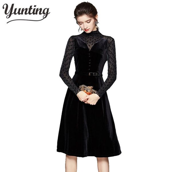 high-end custom fashion runway dress long sleeve high-waisted lace patchwork velvet dresses casual, Black;gray
high-end custom fashion runway dress long sleeve high-waisted lace patchwork velvet dresses casual, Black;gray
