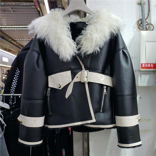 women's leather & faux lamb wool coat for women 2021 winter thickened korean style fur collar short motorcycle jackets jacket overcoat, Black
women's leather & faux lamb wool coat for women 2021 winter thickened korean style fur collar short motorcycle jackets jacket overcoat, Black
