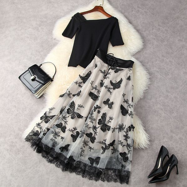 two piece dress european and american women's clothing summer short-sleeved knit t-shirt butterfly embroidered skirt fashion suits 18ww, White
two piece dress european and american women's clothing summer short-sleeved knit t-shirt butterfly embroidered skirt fashion suits 18ww, White