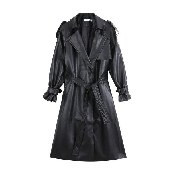 women's leather & faux long black trench coat for women sleeve belt lapel fashion luxury spring british style outerwear
women's leather & faux long black trench coat for women sleeve belt lapel fashion luxury spring british style outerwear