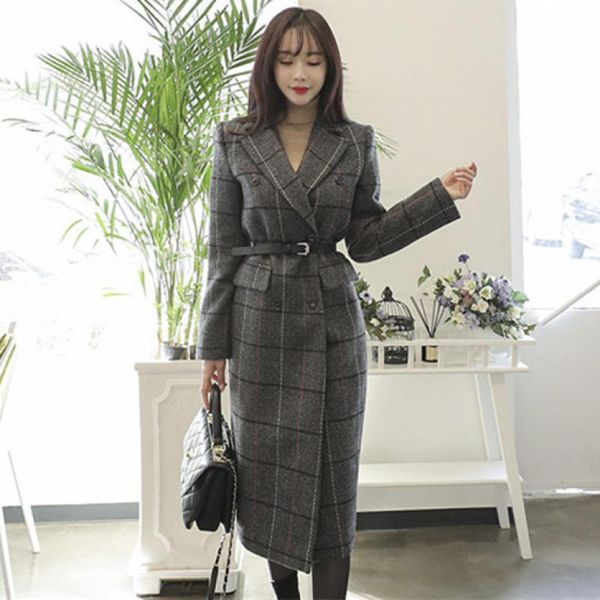 women's wool & blends winter women plaid long coat with belt double breasted slim cut woolen overcoat pockets outerwear female, Black
women's wool & blends winter women plaid long coat with belt double breasted slim cut woolen overcoat pockets outerwear female, Black