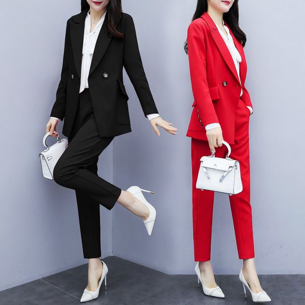 women's two piece pants suits autumn size big female casual jacket professional fashion elastic waistband women's two-piece sui pa, White
women's two piece pants suits autumn size big female casual jacket professional fashion elastic waistband women's two-piece sui pa, White