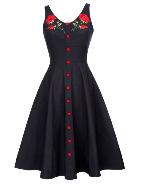 Belle Poque Women A line dress Sleeveless V-Neck Buttons Slim Waist Flower Embroidery Dress Wide Strap Dresses Summer Knee New, Black
Belle Poque Women A line dress Sleeveless V-Neck Buttons Slim Waist Flower Embroidery Dress Wide Strap Dresses Summer Knee New, Black
