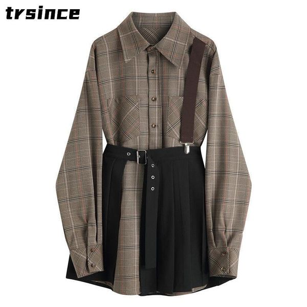 two piece dress spring autumn women plaid pleated split 2 pcs lapel long sleeve loose fit fashion tide, White
two piece dress spring autumn women plaid pleated split 2 pcs lapel long sleeve loose fit fashion tide, White