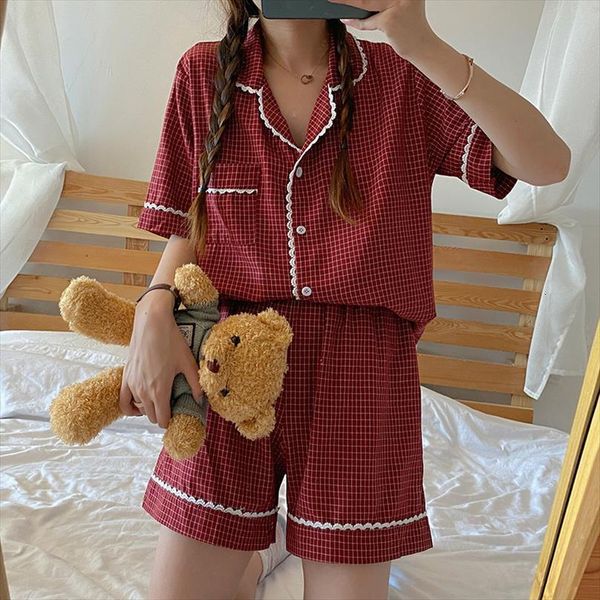 cute grid girls pajamas set womens sleepwears korean summer short sleeve leisure sleepwear women loose nightwear homewear suit, Black;red
cute grid girls pajamas set womens sleepwears korean summer short sleeve leisure sleepwear women loose nightwear homewear suit, Black;red