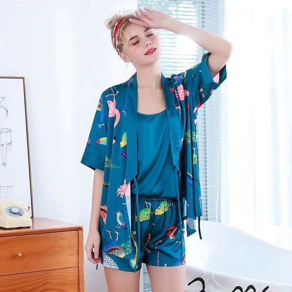 women sleepwear 3 pcs pajamas sets with pants pyjama satin flower print nightwear short silk negligee, Black;red
women sleepwear 3 pcs pajamas sets with pants pyjama satin flower print nightwear short silk negligee, Black;red