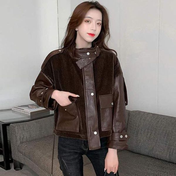 women's leather & faux corduroy stitching pu jacket autumn and winter trend korean style thicken short motorcycle, Black
women's leather & faux corduroy stitching pu jacket autumn and winter trend korean style thicken short motorcycle, Black