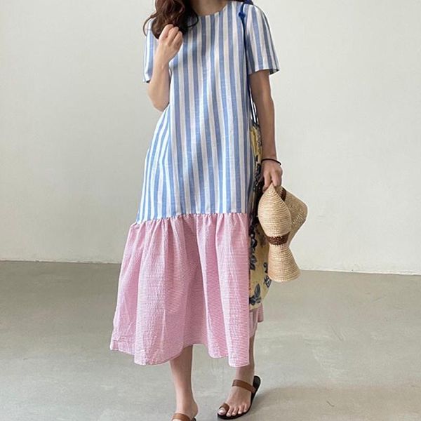 party dresses summer fashion all-match vestidos female round neck stripe contrast stitching loose over-the-knee ruffled midi dress dk989, White;black
party dresses summer fashion all-match vestidos female round neck stripe contrast stitching loose over-the-knee ruffled midi dress dk989, White;black