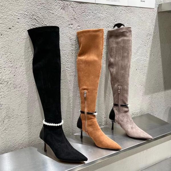 boots over the knee for women pointed toe flock stretch woman thin high heels pearl chain side zipper fashion party, Black
boots over the knee for women pointed toe flock stretch woman thin high heels pearl chain side zipper fashion party, Black