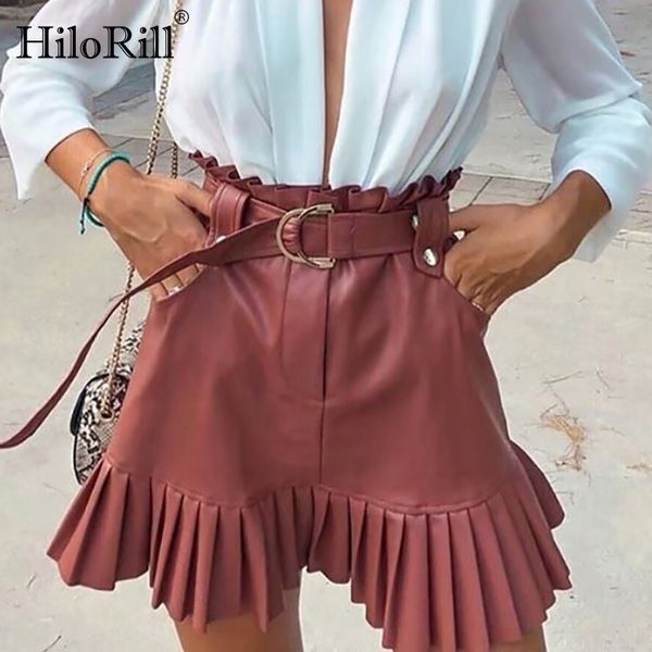 women pu leather pleated skirt ruffles tie belt waist pocket zipper fly ladies elegnt mini s jupe femme 210508, Black
women pu leather pleated skirt ruffles tie belt waist pocket zipper fly ladies elegnt mini s jupe femme 210508, Black