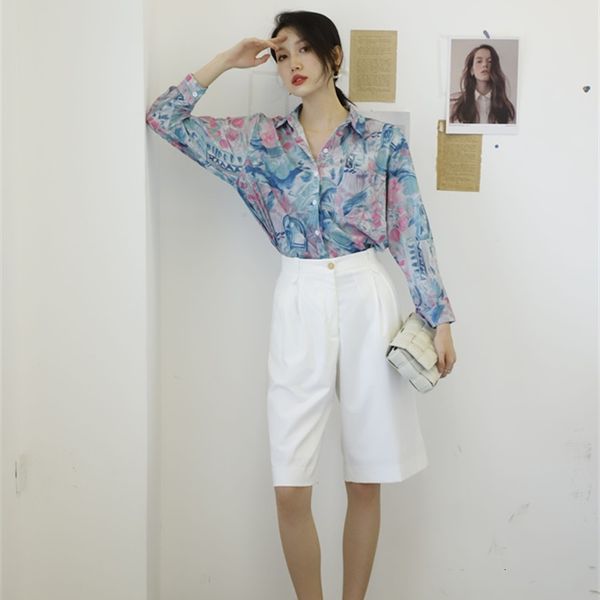 women's two piece pants vintage colored drawing long sleeve blouse fall women and blouses button up loose korean shirt clothi, White
women's two piece pants vintage colored drawing long sleeve blouse fall women and blouses button up loose korean shirt clothi, White