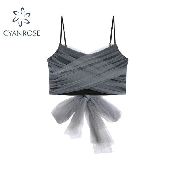 black mesh patchwork suspender waistcoat for women summer korean style fashion bow design sleeveless lady crop 210515, White 
black mesh patchwork suspender waistcoat for women summer korean style fashion bow design sleeveless lady crop 210515, White