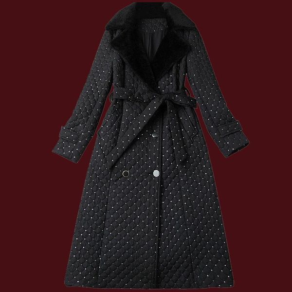 women's jackets red roosarosee 2022 spring autumn turn-down collar long sleeve sequins double breasted belt warm outwear thick overcoat, Black;brown