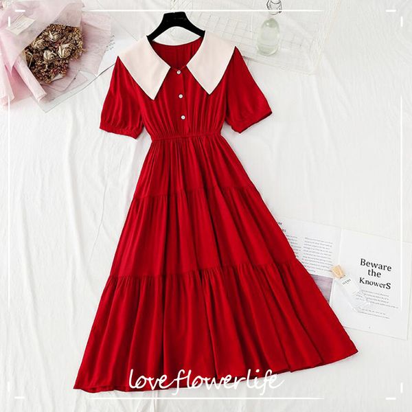 summer dress sweet doll collar solid slim chiffon red dresses short sleeve elastic waist elegant women mid-calf dress 210521, Black;gray
summer dress sweet doll collar solid slim chiffon red dresses short sleeve elastic waist elegant women mid-calf dress 210521, Black;gray