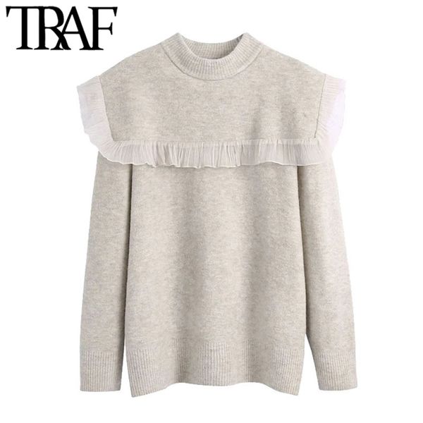 women fashion patchwork organza ruffled knitted sweater vintage o neck long sleeve female pullovers chic 210507, White;black
women fashion patchwork organza ruffled knitted sweater vintage o neck long sleeve female pullovers chic 210507, White;black