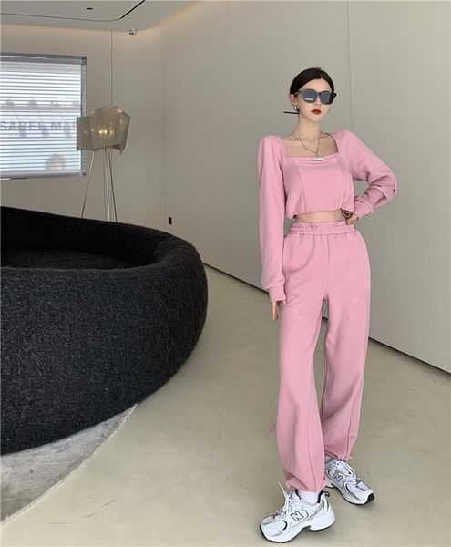 women's two piece pants women pink square collar cropped sweatshirt and long trousers suit 2pcs set for, White
women's two piece pants women pink square collar cropped sweatshirt and long trousers suit 2pcs set for, White