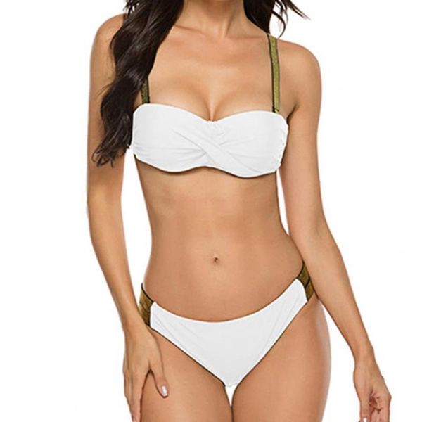 women's swimwear women bandeau solid color wrap front bra briefs bathing suit bikini set beachwear for water activity, White;black
women's swimwear women bandeau solid color wrap front bra briefs bathing suit bikini set beachwear for water activity, White;black