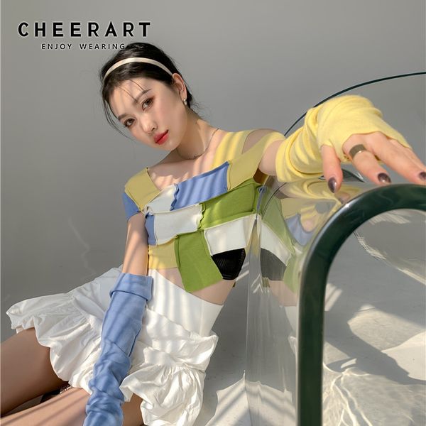 color block summer knit r t shirt women patchwork weave crop fashion tee aesthetic clothes 210427, White
color block summer knit r t shirt women patchwork weave crop fashion tee aesthetic clothes 210427, White