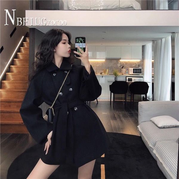 women's wool & blends double breasted long woolen coat solid color waist strap chic casual outerwear, Black
women's wool & blends double breasted long woolen coat solid color waist strap chic casual outerwear, Black