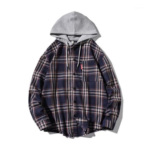 streetwear casual plaid shirt men long sleeve 2021 loose with hooded men's shirts, White;black
streetwear casual plaid shirt men long sleeve 2021 loose with hooded men's shirts, White;black