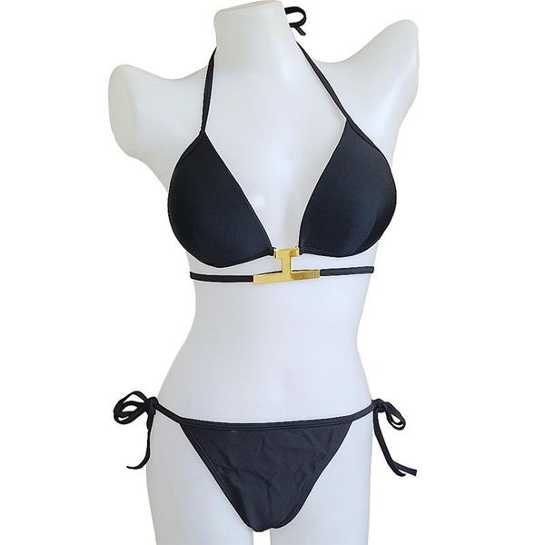women's swimwear female neck halter strappy bikini set push up string swimsuit metal plate beach spa bathing suits women, White;black
women's swimwear female neck halter strappy bikini set push up string swimsuit metal plate beach spa bathing suits women, White;black