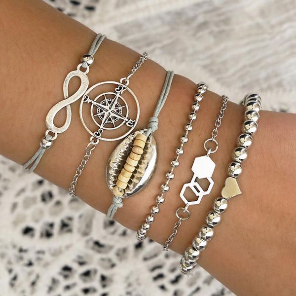 link, chain 6 pcs/ set boho compass digital shell heart beads silver bracelet women charm multilayer party combination, Black
link, chain 6 pcs/ set boho compass digital shell heart beads silver bracelet women charm multilayer party combination, Black