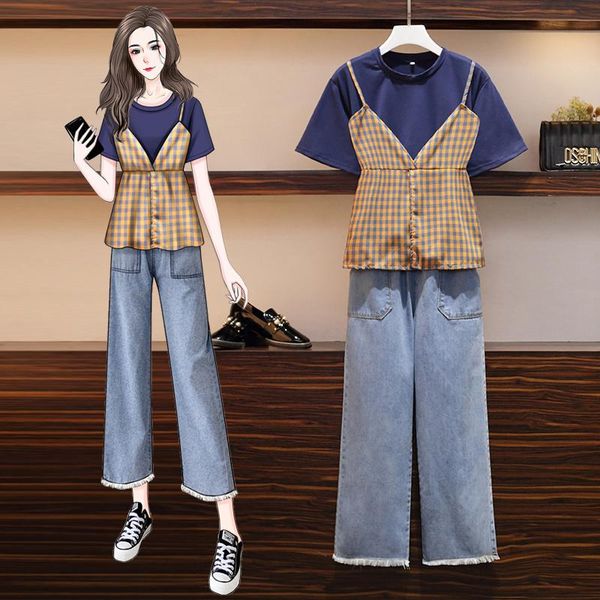 two piece dress women short sleeve plaid bow o-neck + wide leg denim pants suit elegant casual set outfits summer 2021 sets, White
two piece dress women short sleeve plaid bow o-neck + wide leg denim pants suit elegant casual set outfits summer 2021 sets, White