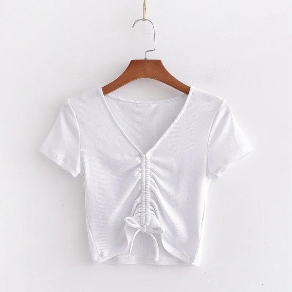 women's t-shirt fashion solid color pleated drawstring v-neck short sleeve women, White
women's t-shirt fashion solid color pleated drawstring v-neck short sleeve women, White