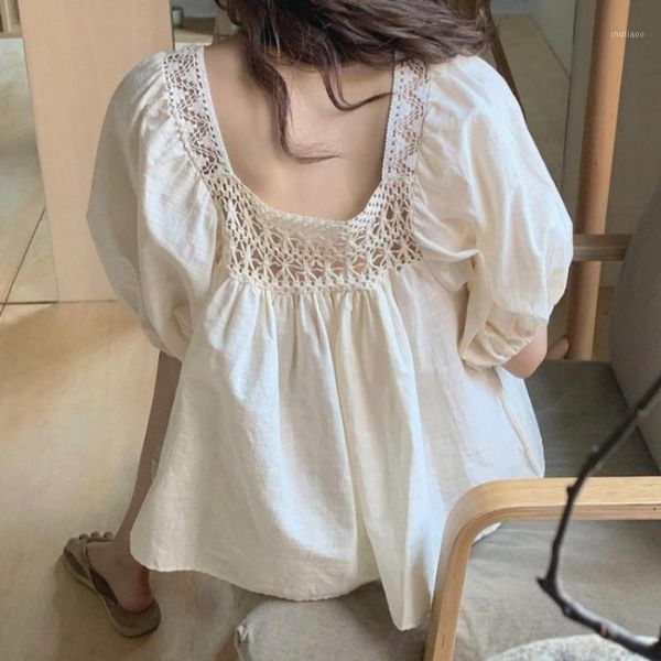 women's blouses & shirts sweet style backless women blouse summer design 2021 lace hollow out puff sleeved loose elegant female pulls, White
women's blouses & shirts sweet style backless women blouse summer design 2021 lace hollow out puff sleeved loose elegant female pulls, White