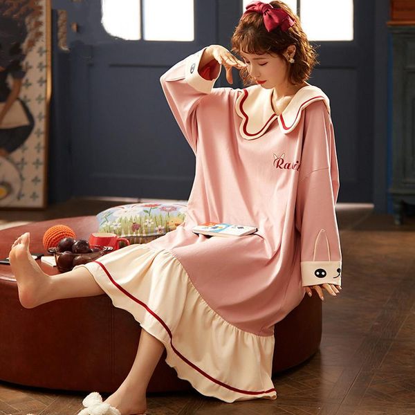 women's sleepwear 2021 spring and summer nightdress long-sleeved pure cotton cute princess style mid-length sleeping dress, Black;red 
women's sleepwear 2021 spring and summer nightdress long-sleeved pure cotton cute princess style mid-length sleeping dress, Black;red
