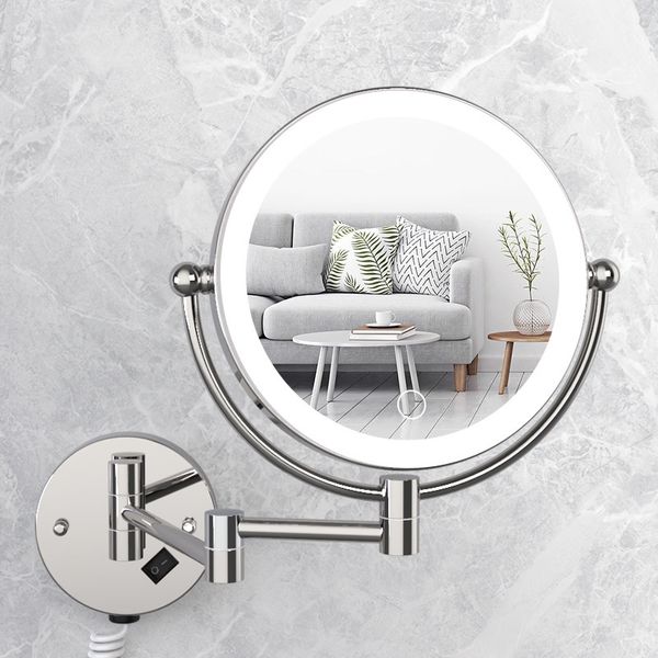 

new 8 inch led makeup with light retractable enlarged double-sided rotating round wall bathroom shaving mirror